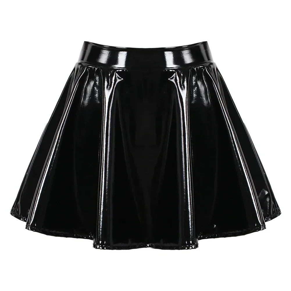 Women's PU Leather Flared Miniskirt Dance A Line Skirt Clubwear Cosplay Costume Pleated Skirt Elastic Waist Retro Style