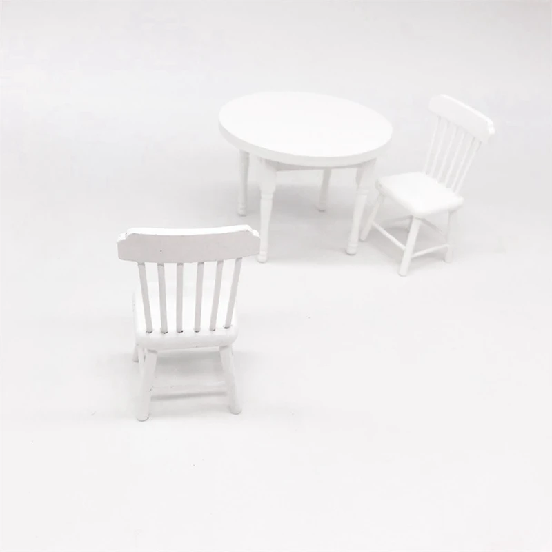 3Pcs/Set 1:12 Miniature Furniture White Wooden Dining Table with 2 Chairs Decorations Accessories