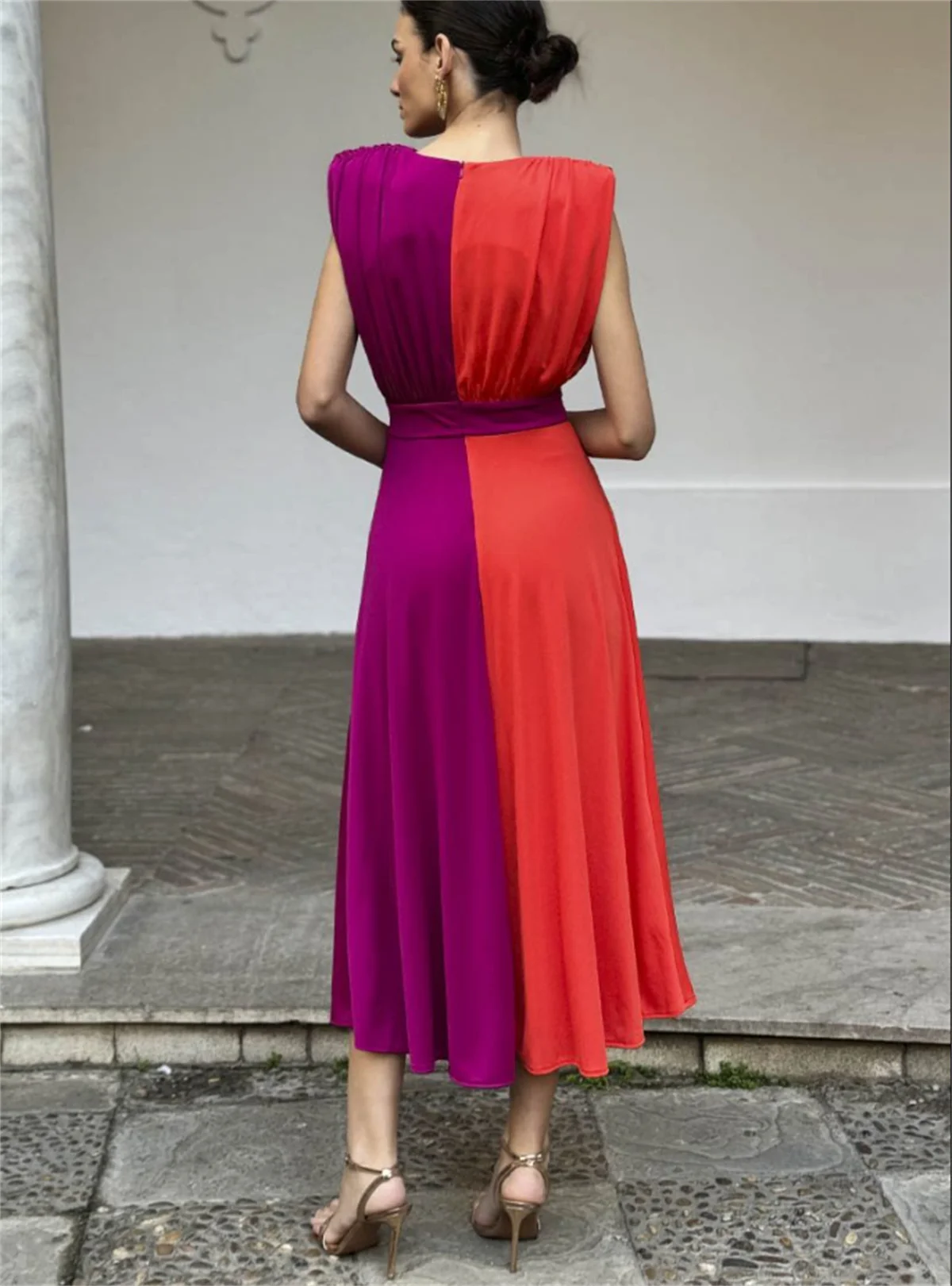 Fashion Red Purple Contrast A-Line Evening Dress Simple Round Neck Sleeveless to Ground Length Prom Gown vestidos de fiesta 2024