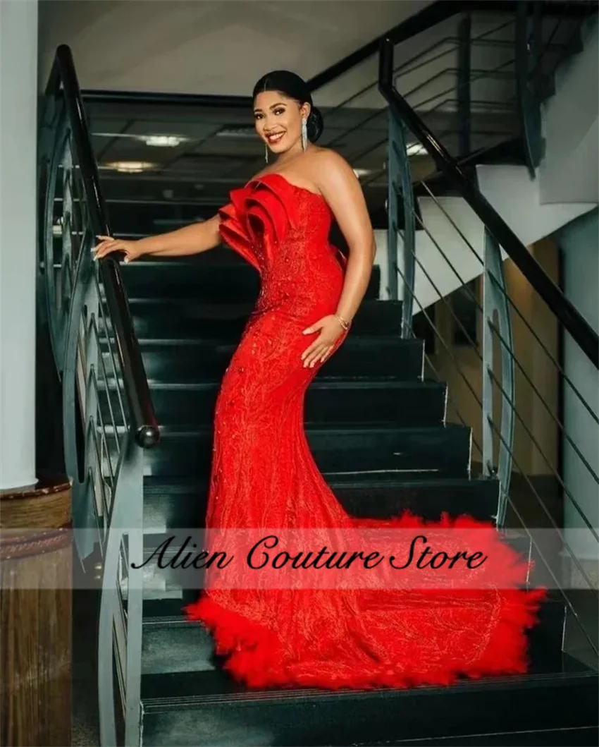 Sparkly Red Mermaid Evening Dress Bead Crystals Elegant Sweetheart  Formal Birthday Party Dress Feathers Robe Customized