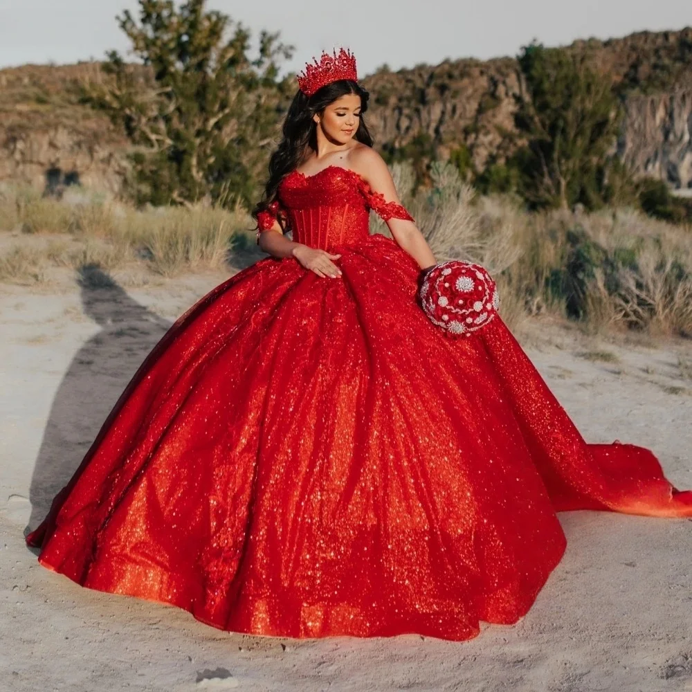 

Красные платья Quinceanera, бальное платье с открытыми плечами и блестками, расшитое бисером, милые платья 16, 15 лет, по индивидуальному заказу
