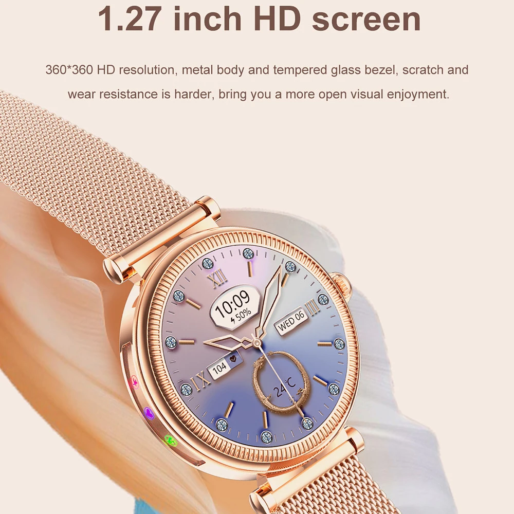 Niebieski ząb zadzwoń 1,27 "kobiety tętno zdrowie inteligentny zegarek sport wodoodporne kolorowe światło muzyka asystent głosowy damski Smartwatch