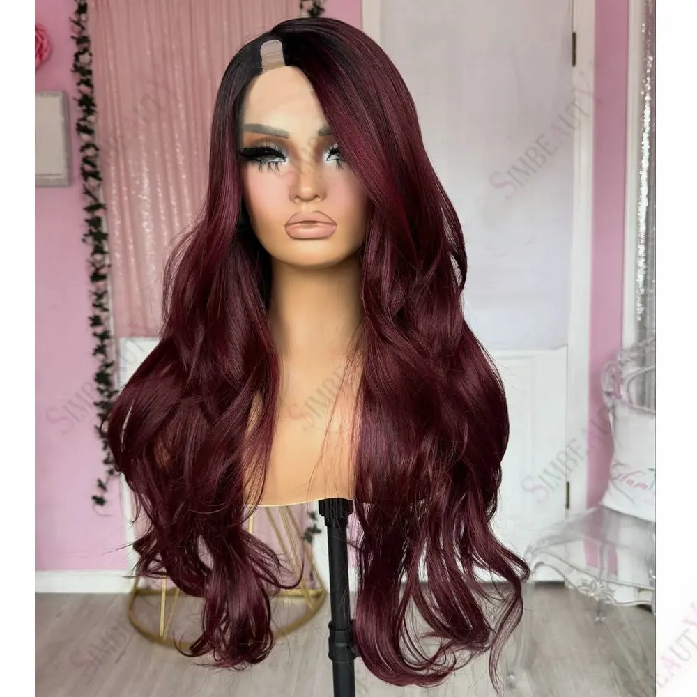 Dark Roots Ombre Burgunderrot U-Part-Perücke aus Echthaar, verstellbar, natürliche Welle, 1*4 Größe, V-Part-Perücke aus Echthaar, einfach zu tragen für Frauen – Detail 3