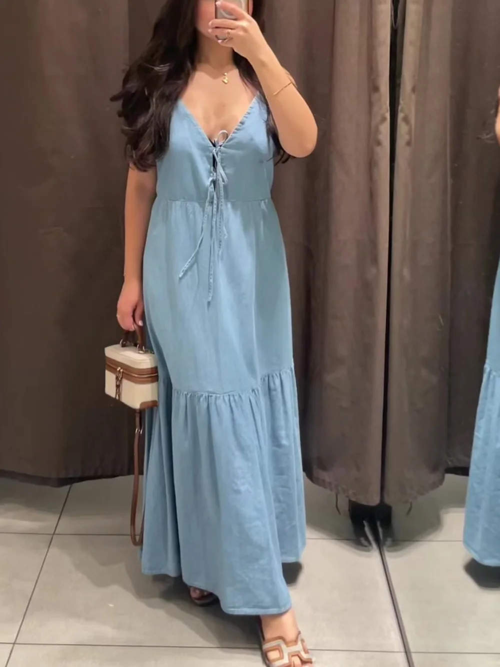 مثير المرأة الدنيم فستان كامي أزرق فاتح الجبهة التعادل الخلفي انقطاع تكدرت هيم فستان موضة جديدة الصيف فستان مناسبات الشاطئ