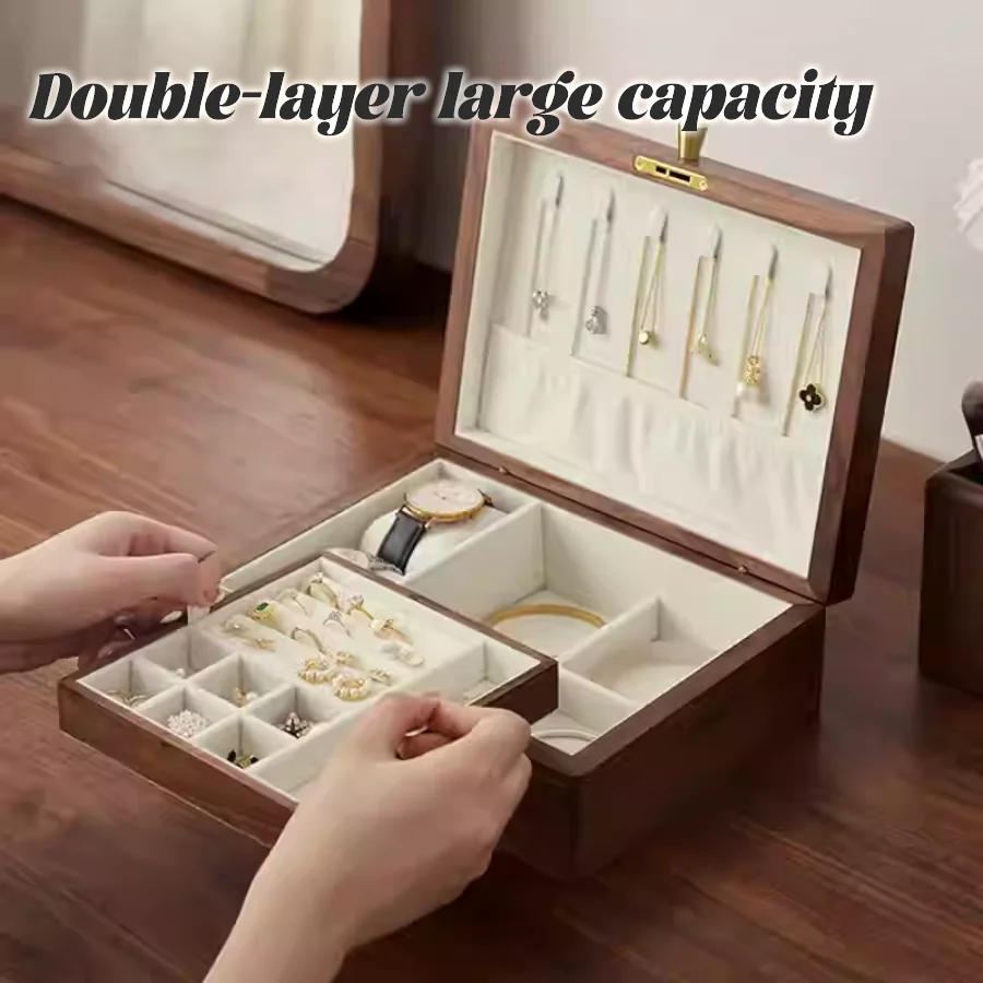 Engraved eco-friendly retro exquisite black walnut solid wood jewelry storage box ring earrings