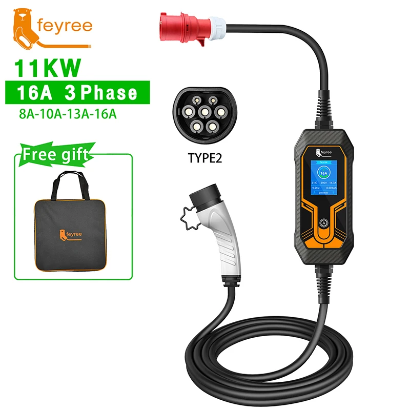 Feyree 3.5KW 7KW 11KW 16A 32A EV Portable Charger Type2 Charging Box Electric Car Charger CEE Plug Electric Vehicle Charger