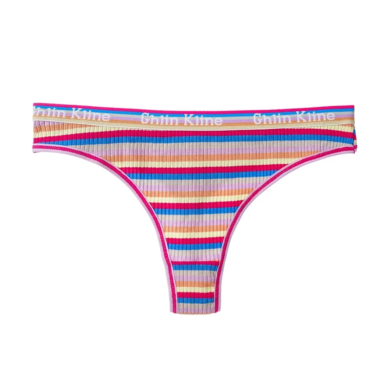 100% Cotton Women Underpants Rainbow Striped Panty Sexy Low Waist Thong