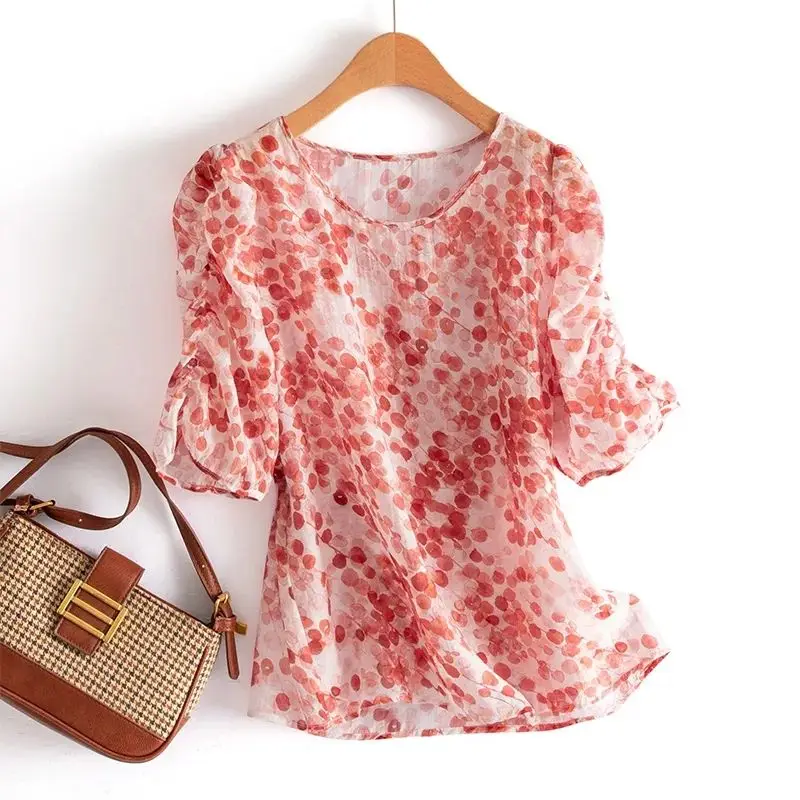 

Шифоновая женская блузка с цветочным принтом в горошек, повседневная, свободная, тонкая, с круглым вырезом, с коротким рукавом, пуловер, летняя/весенняя YY126