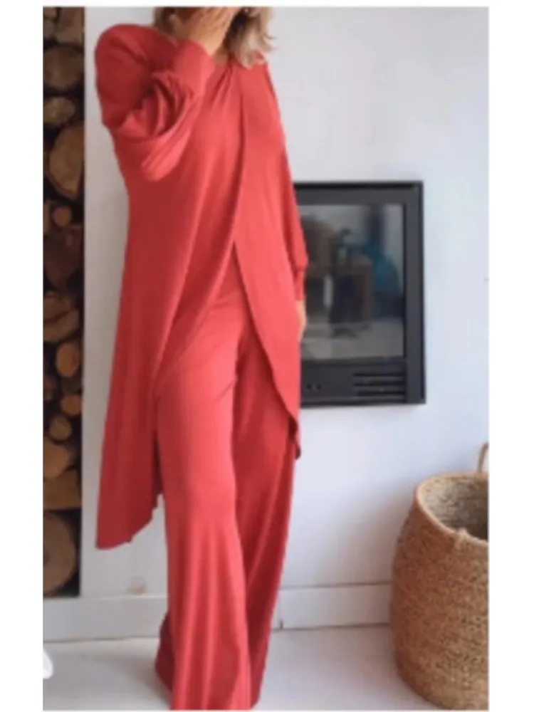 

Irregular Crossover Fashionable And Elegant Wide-leg Pants Suit 2026 Spring And Autumn New Women O-neck Long-sleeved 2-piece Set