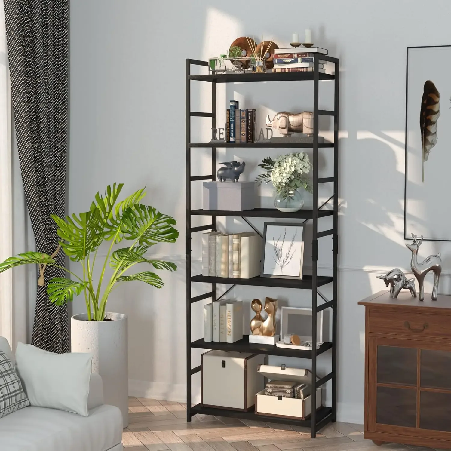 6-Tier Contemporary Bookshelf, High Storage Organizer, Stylish Shelving Unit for Home, Office, and Living Spaces, Black