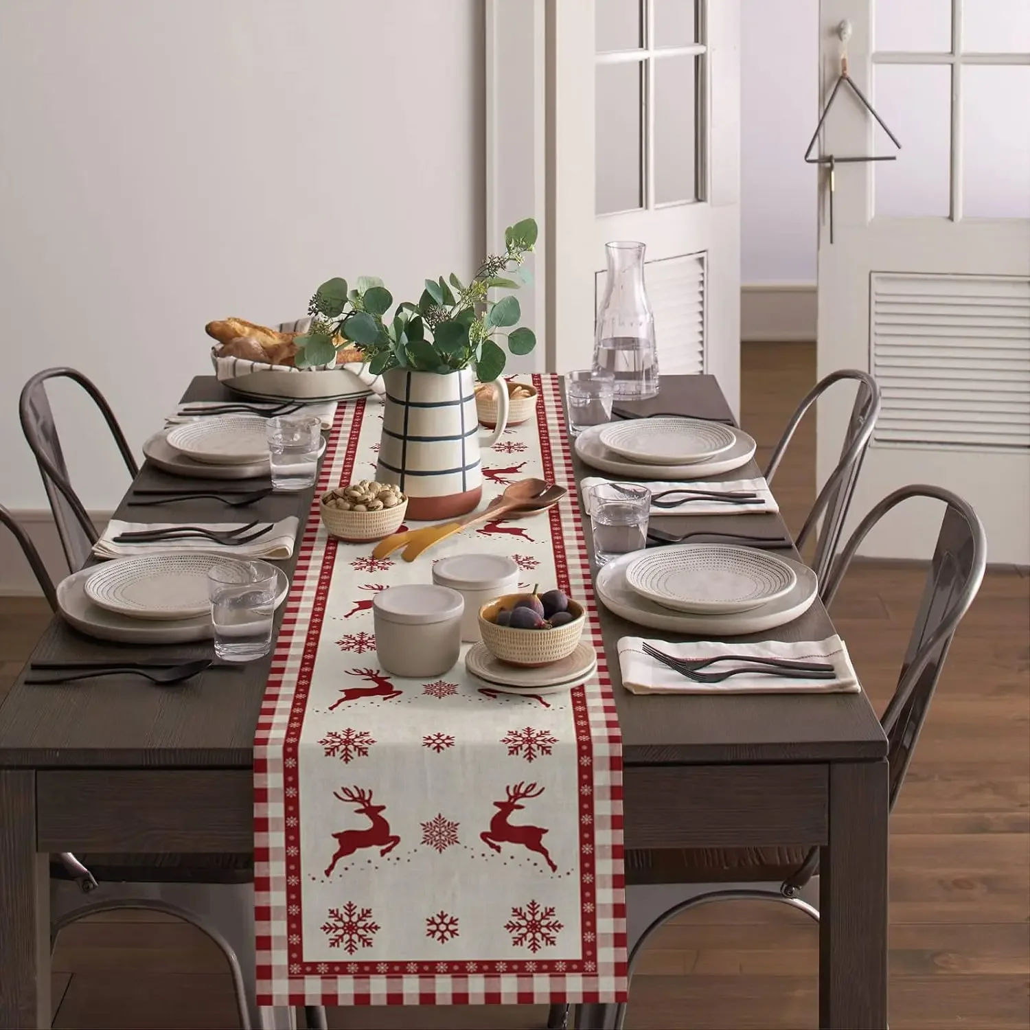 Weihnachten Elch Hirsch Schneeflocke Leinen Tischläufer Tischdekoration Winter Weihnachten Rentier Plaid Esstisch Läufer Weihnachtsdekoration