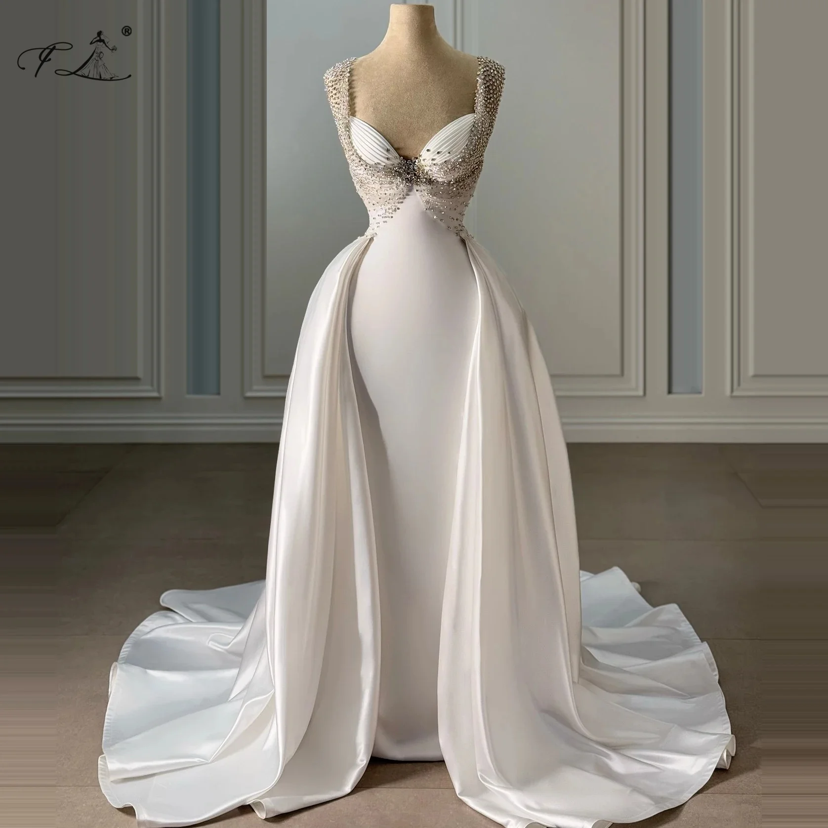 

Вечернее платье со стразами, атласная ткань, платье без бретелек со съемным шлейфом и платьем «рыбий хвост», элегантное вечернее платье