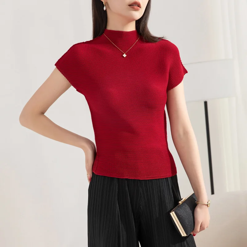 Spring and Summer new slimming short sleeved semi high neck tofu pleated elastic outerwear versatile base shirt [20230080]