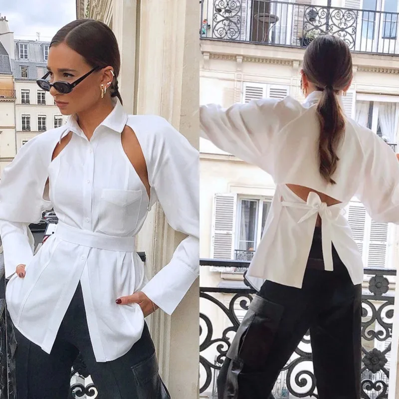 Cutout Shoulder White Blouse For Women Belted Waist Button Front Turn Down Collar Shirt Long Sleeve Streetwear Tops Elegant Fit