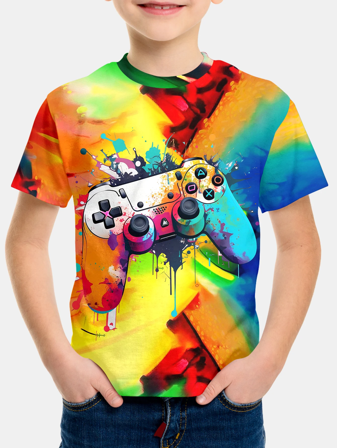 Camiseta infantil com estampa gamepad legal, blusa confortável de manga curta para meninos, streetwear perfeito com o pescoço, casual divertido de verão