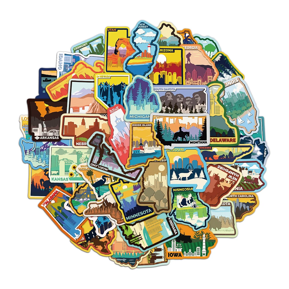 50PCS US State Landmark Stickers Travel City Landmark Handbooks Phone Cases Laptop Suitcases Water Cups Waterproof Stickers