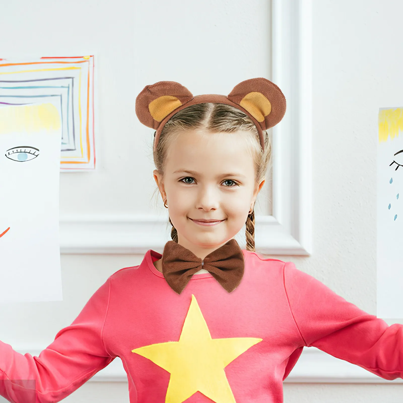 1세트 곰 귀 머리띠 꼬리 나비넥타이 동물 의상 세트, 가면 무도회 코스프레용 귀 머리띠 곰 의상 액세서리