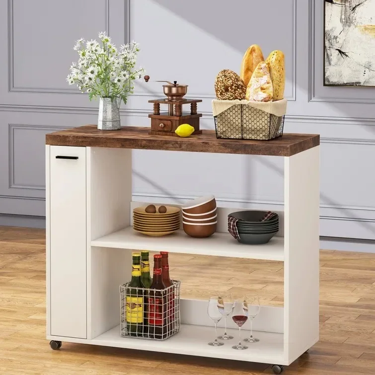 Modern Panel Wood White Brown 3 Tier Kitchen Island Trolley Rolling Kitchen Utility Cart with Slim Pull Out Shelves