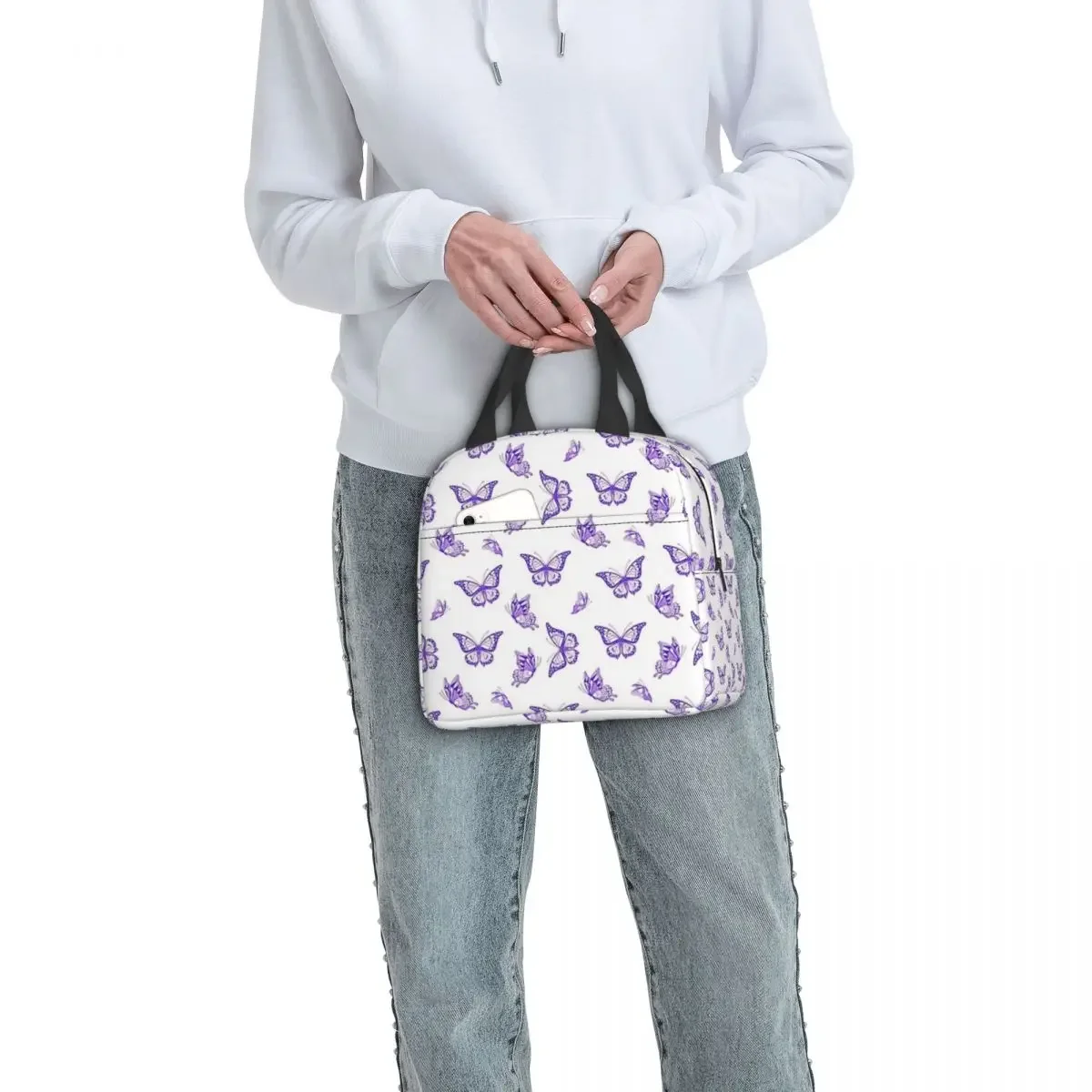 Fiambrera con estampado de mariposa púrpura para mujer y niños, bolsa de almuerzo aislada, bolsas de Picnic reutilizables, fiambrera térmica, bolso de mano para el trabajo