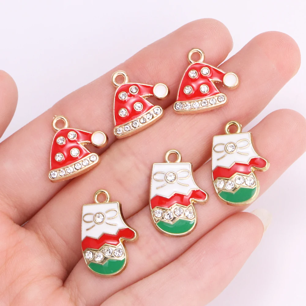 10Pcs Zircon Enamel Christmas Hat Glove Charm for Jewelry Making Supplies Earring Pendant Necklace DIY Accessories Gold Plated