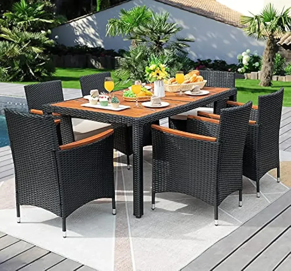 7 PCS Outdoor Patio Dining Set, Outdoor Patio Furniture Set, Rattan Chairs with Large Wood Table for Garden, Deck and Yard