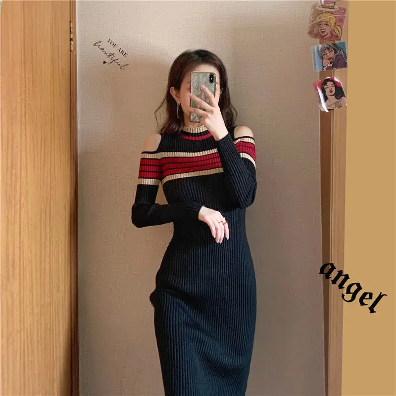 WTEMPO Women crew neck long sleeve cutout sexy dress split dress slim mid long dress for women winter fall dress women clothing