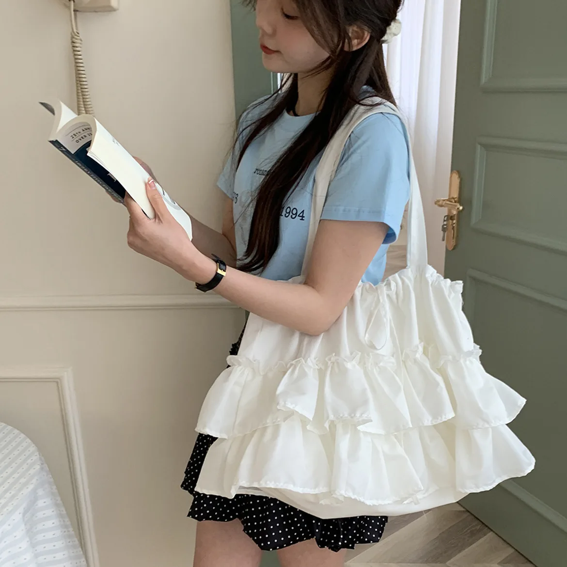 Women's Nice Bag Ruffled Single Shoulder Canvas Bag Korean Version Class Bag Gentle Girl Canvas Bag Kawaii Sweet Style Hand Bag