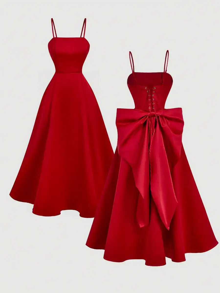 

Red Satin Midi Dress With Bow And Corset Backless Elegant Evening Gown For Prom Wedding Party