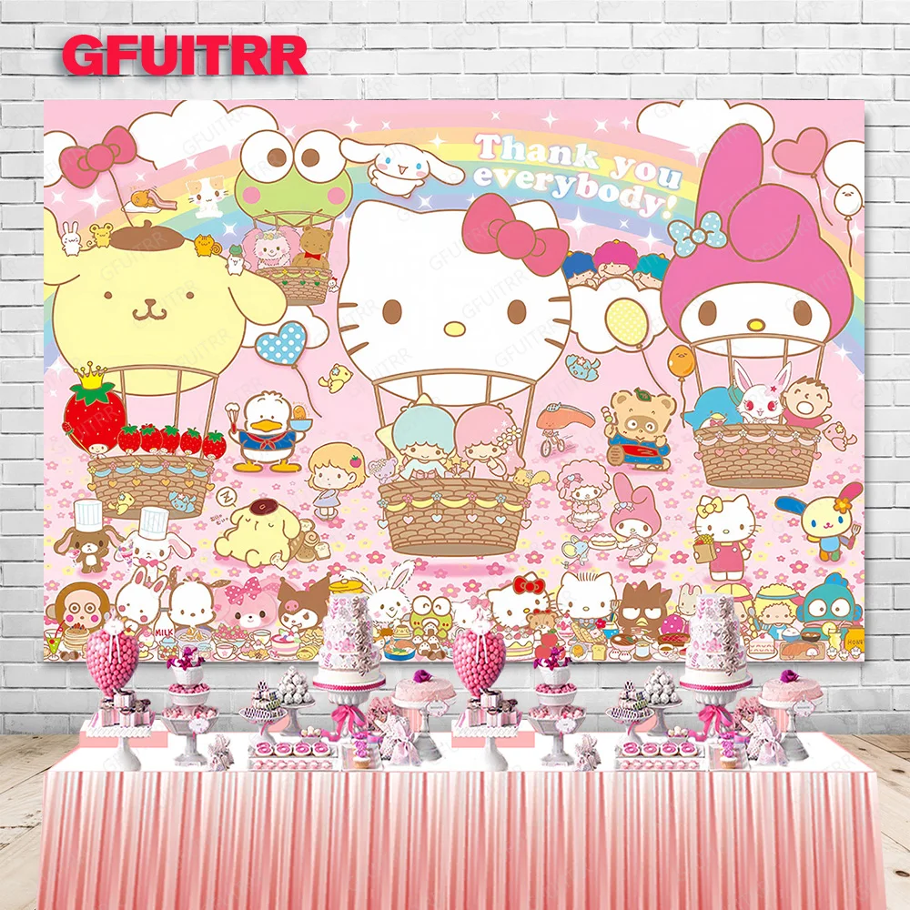 خلفية التصوير الفوتوغرافي Hello Kitty الوردية ، ديكور عربة الكرتون ، مستلزمات كشك الاستوديو ، حفلة عيد الميلاد ، استحمام الطفل ، فتاة