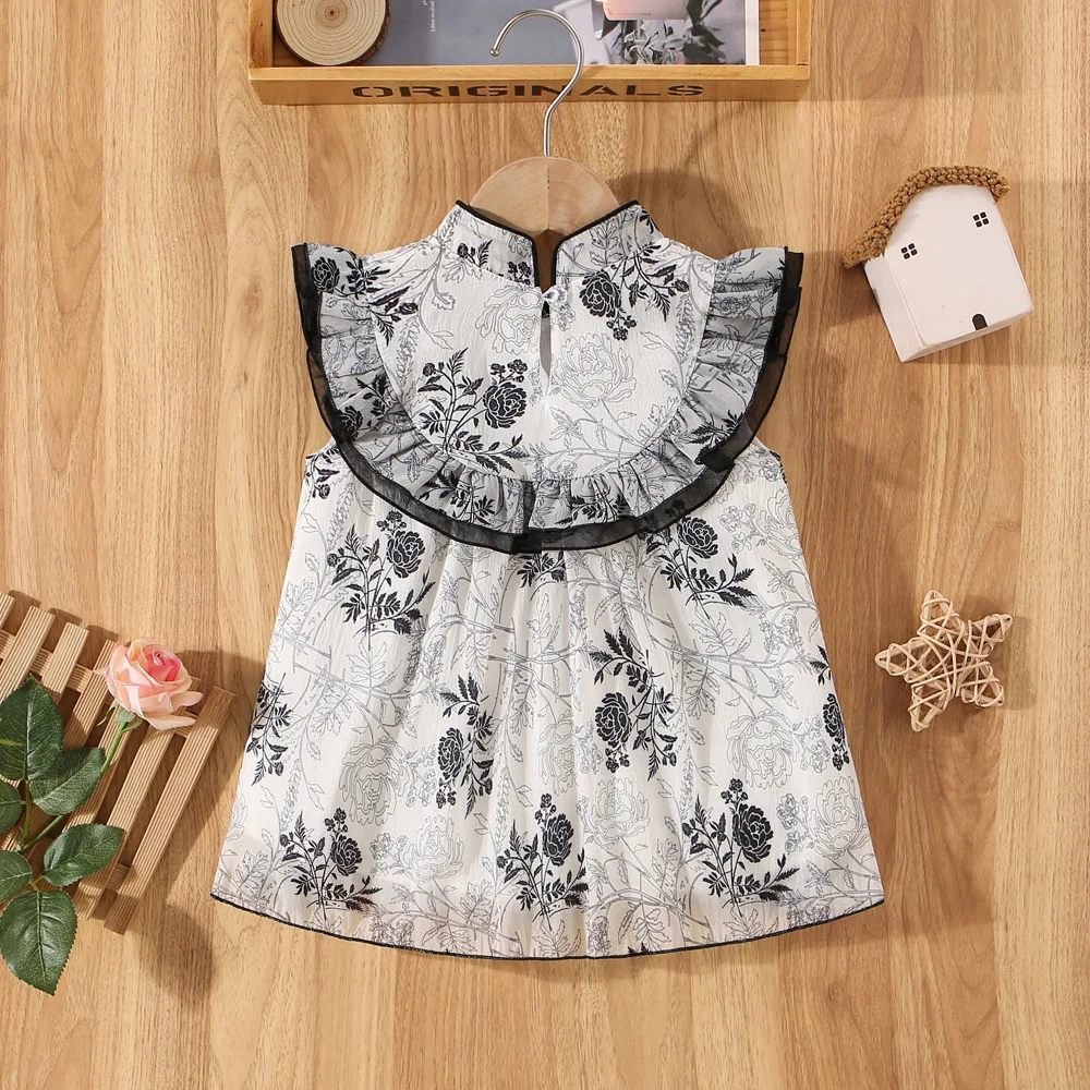 Summer girl dress baby girl full of rose print small flying sleeves standing collar Chinese style qipao dress