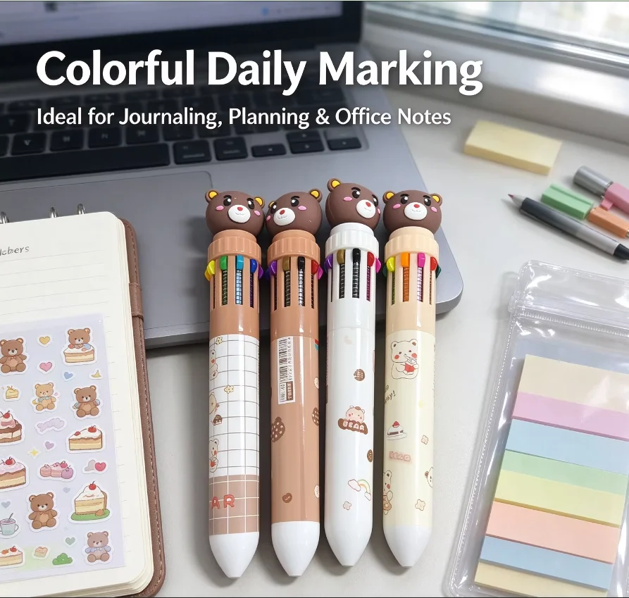 10 Color Retractable Multi Ink Ballpoint Pens 4 Count, Bear Shape Pen Cap, Printed Barrel, for Journaling, Notes, Office & Daily