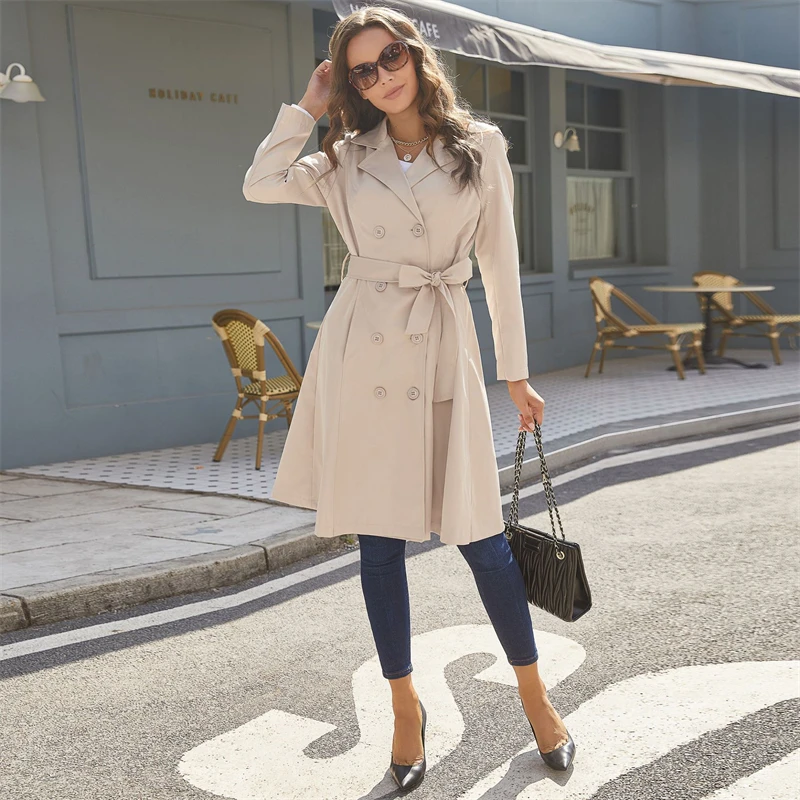 Chaqueta Cortavientos de Moda para Mujer, Otoño Invierno, Europa y Estados Unidos, Nueva, con Bolsillos, Delgada, con Correa, Abrigo Largo con Cuello de Solapa, Estilo Femenino