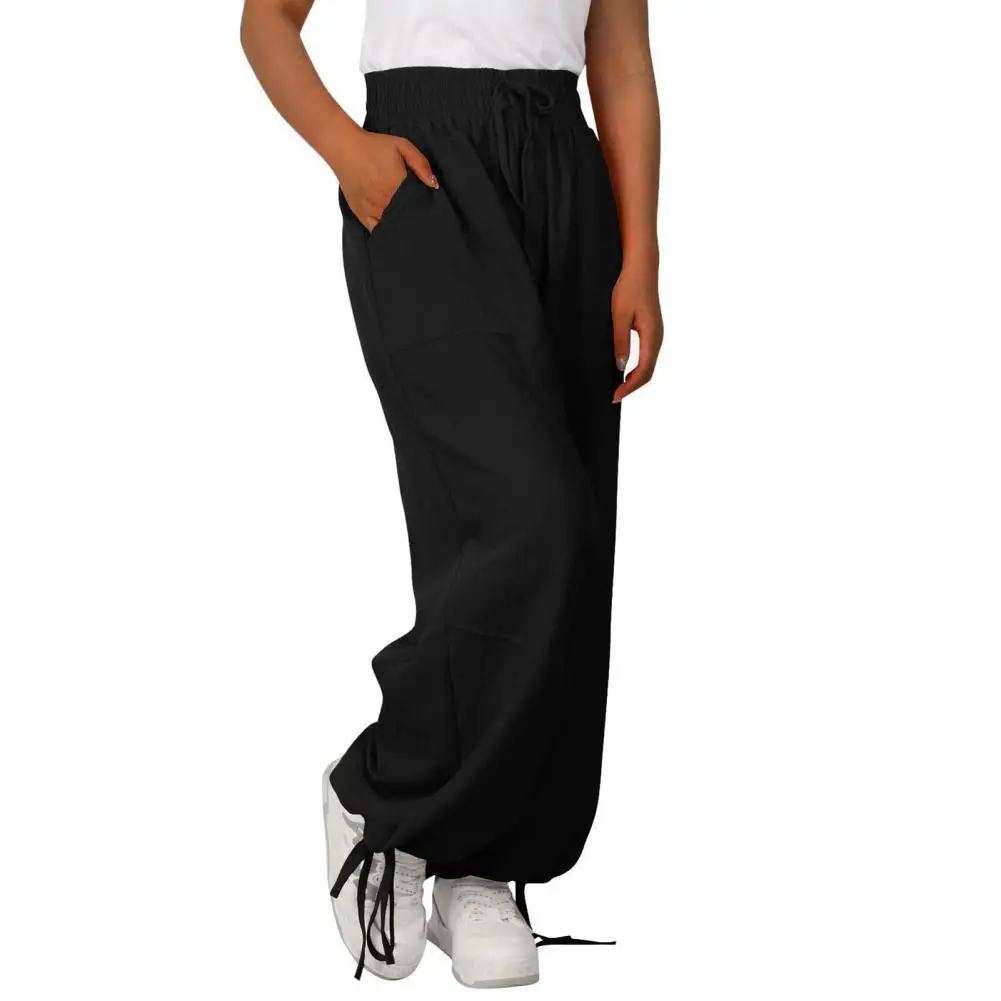 Wide-leg Pants Stylish Women's Harem Pants with Elastic High Waist Lace-up Detail Wide-leg Design Casual Trousers with Pockets