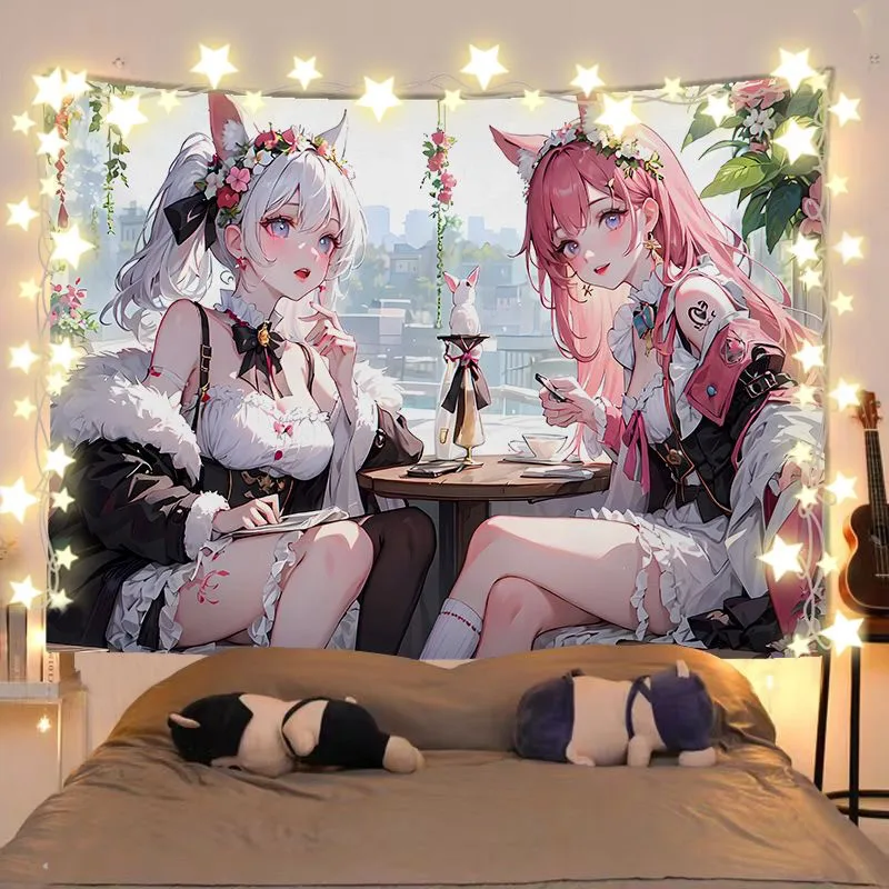 VIKAMA Kawaii Anime Fox Girls Tapestry Pink Hair Animal Ear Cartoon Wall Hanging Sweet Teen Bedroom Dorm Decor