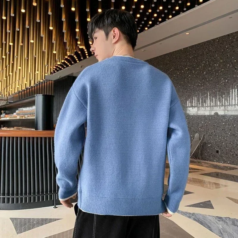 Knit Sweater Male Pullovers Round Collar Men\'s Clothing Crewneck Pink No Hoodie Spliced Warm Classic Knitwears Maletry Cotton X