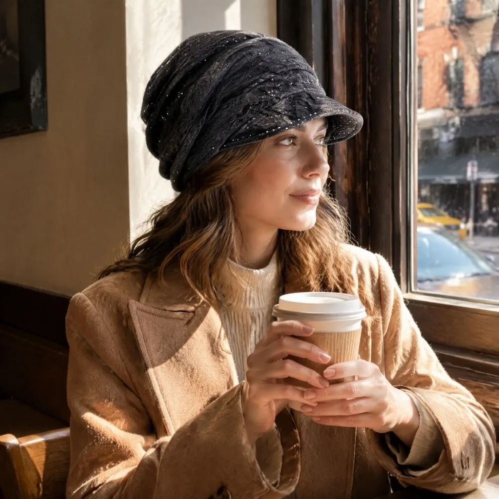 Slouchy Style Soft Newsboy Beret Hat Breathable Foldable Visor Hat Shimmer Dots Decor Stretchy Knit Beanie Autumn