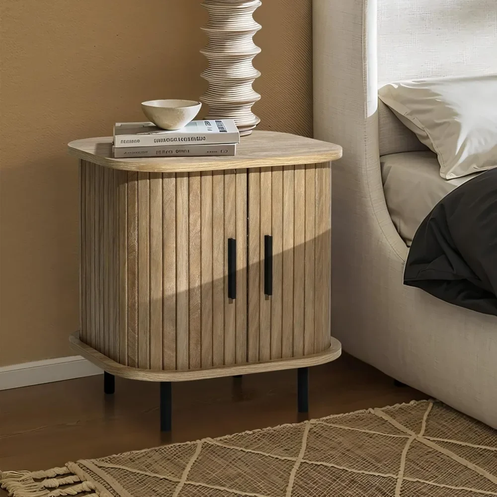 

Mid Century Modern Nightstand with Storage, Small Fluted Nightstand with Sliding Door, Boho Bedside Table with Curved Edge, Oak