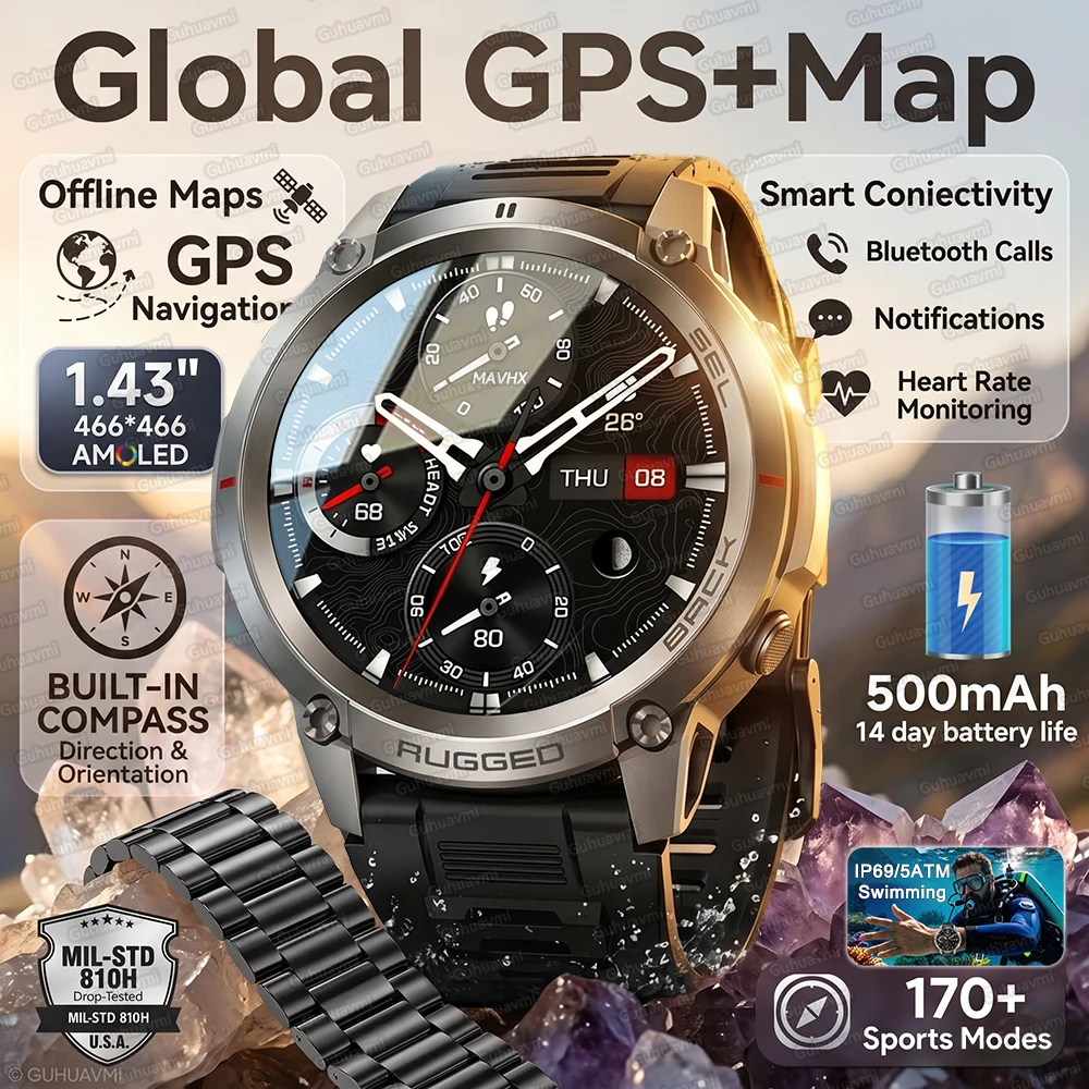 

2026New GPS Watches Men Offline Map Sport Smart Watch 1.43" AMOLED Display 50M ATM Barometer Compass Swimming Smartwatch for Men