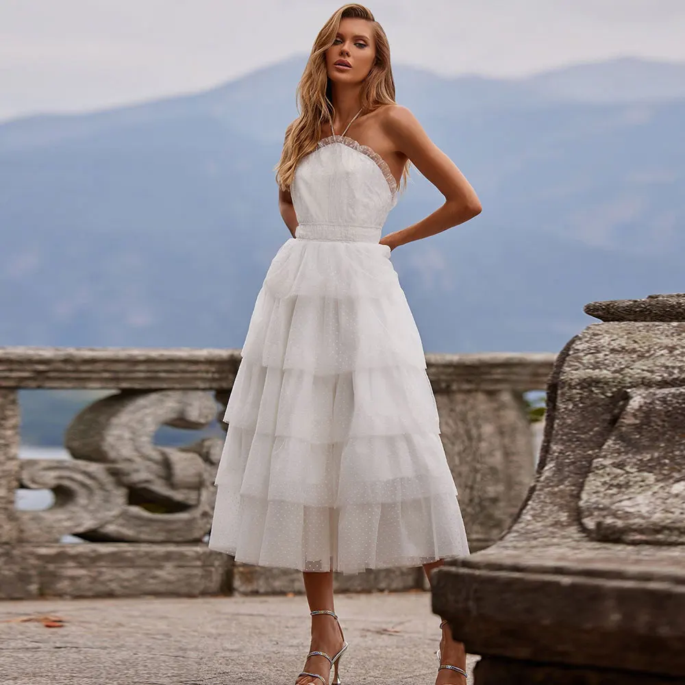 Vestido de novia personalizado hasta el té, vestido de novia de encaje con cuello Halter escalonado, corte en A, espalda descubierta, cremallera, sin mangas, volantes, para mujer Br