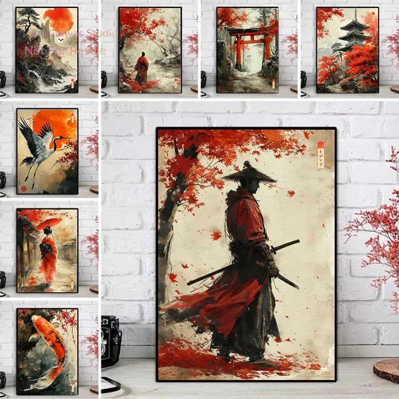 Sumie Japanese Ink Paint Geisha Samurai Landscape Prints Poster Canvas Painting Modern Wall Art Picture Living Room Home Deco