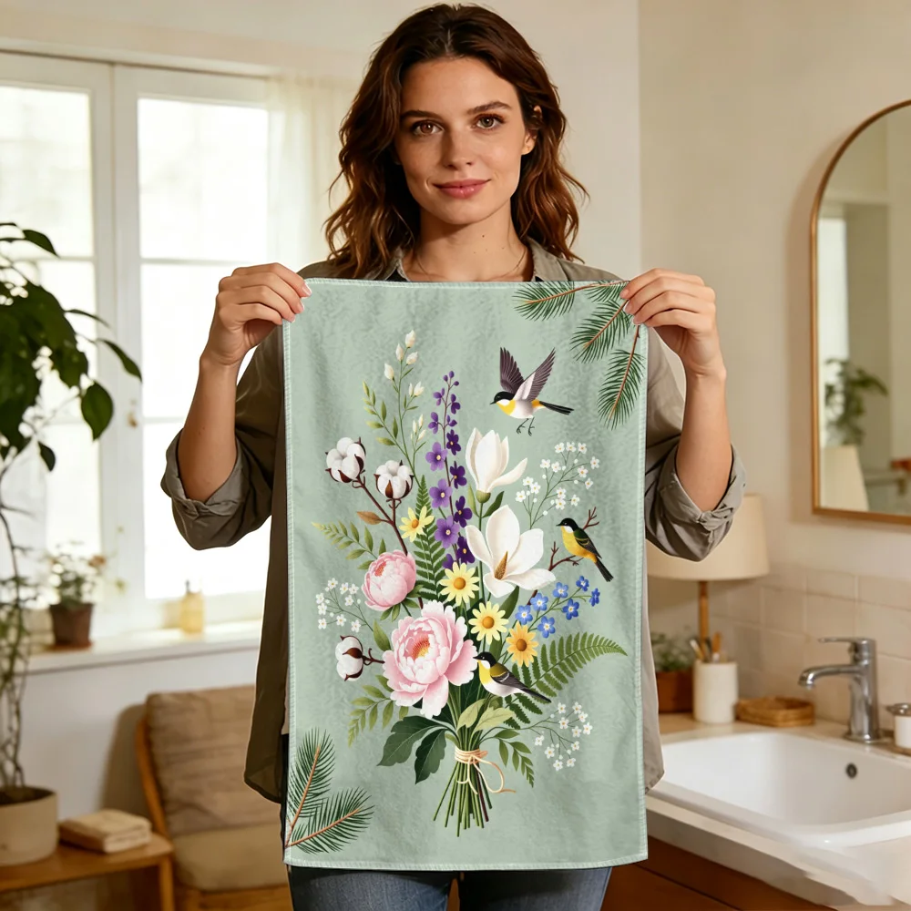 1pc/2pcs Flower and Bird Print Kitchen Towel-Super Absorbent, Reusable Polyester Dishcloths Perfect for Home Decor, Cooking, Bak