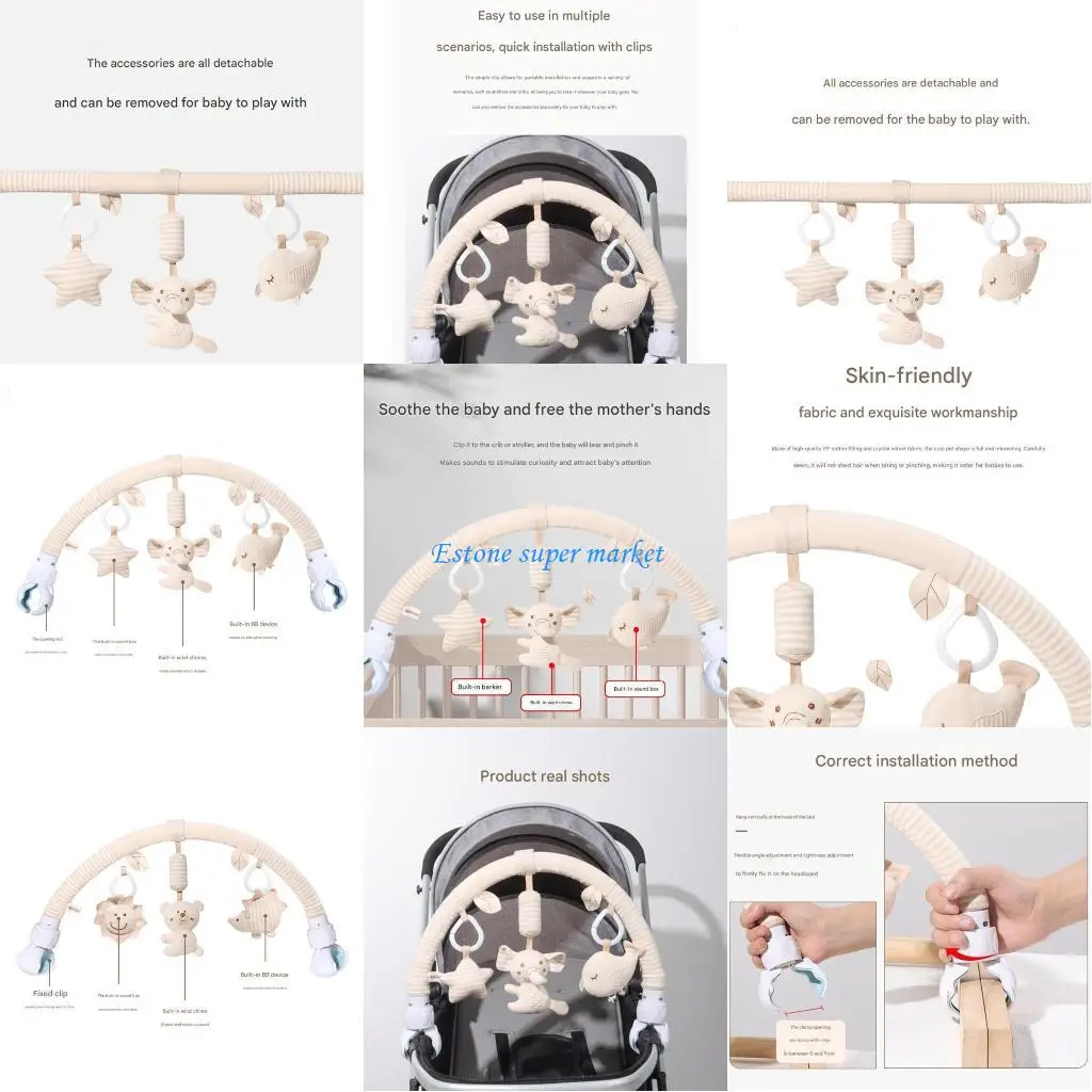 090B Soft Plush Baby Stroller Hanging Bell Toy Organic Cotton Infant Crib Mobile Machine Washable Sensory Development Activity