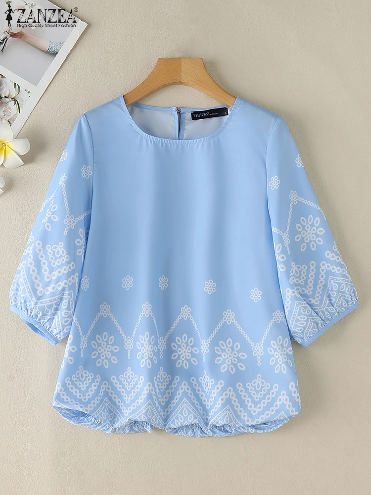 

ZANZEA O Neck Bud-hem Blouses Printed 3/4 Puff Sleeve Loose Casual Holiday Blusas Mujer Elegant Autumn 2024 Women Tunic Tops