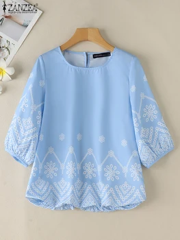 ZANZEA O คอ Bud-Hem เสื้อพิมพ์ 3/4 พัฟแขนหลวมสบายๆวันหยุด Blusas Mujer Elegant ฤดูใบไม้ร่วง 2024 ผู้หญิงเสื้อ