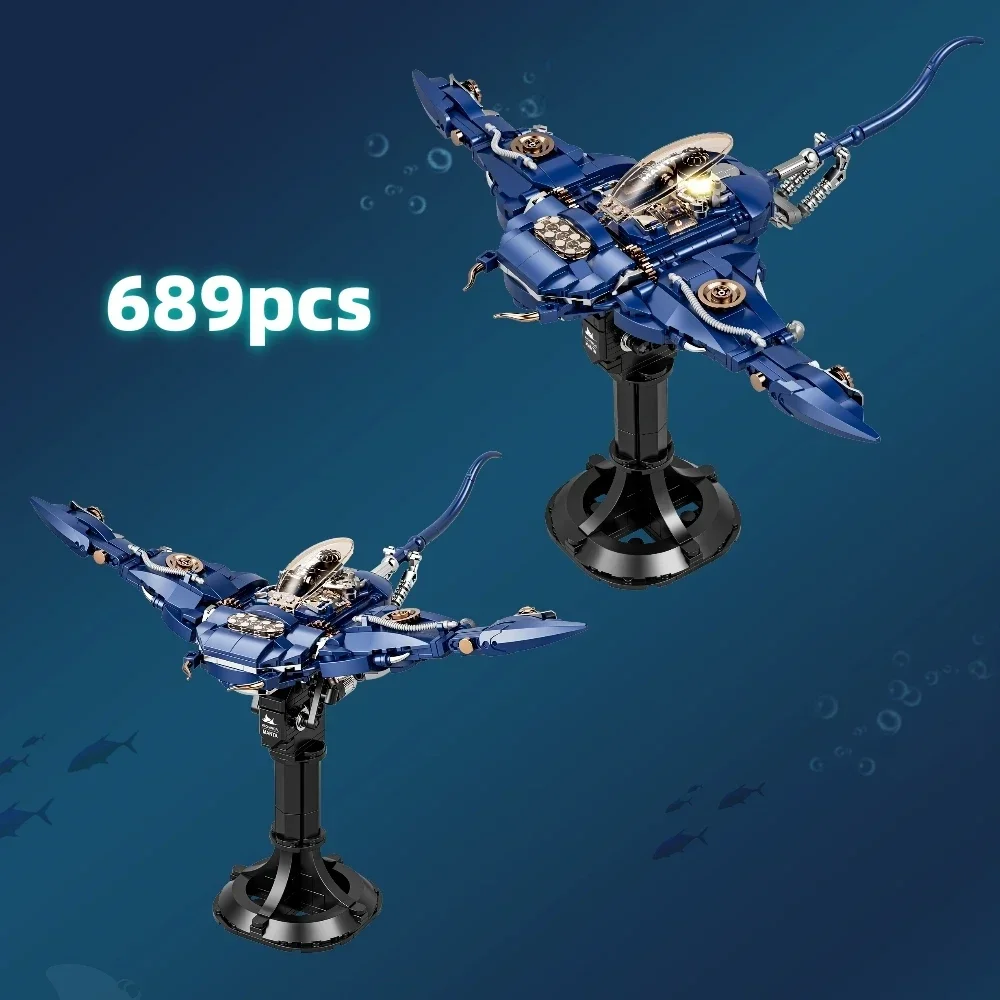 Criativo técnico mecânico manta ray mar animal mobulidae vida blocos de construção modelo com luz educacional haste brinquedo kit presente