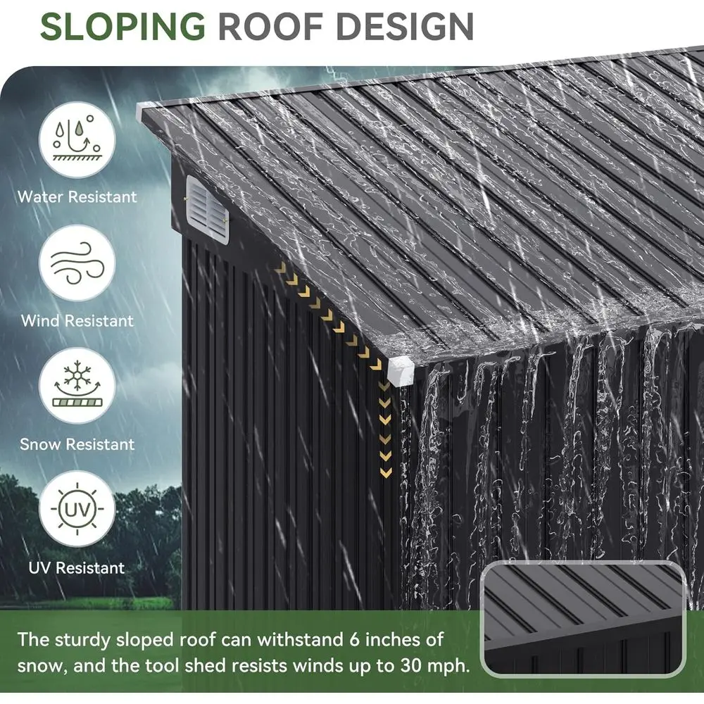 7.5'x4' Triple Door Shed Outdoor Storage Shed Black | Metal Storage Cabinet with Slopping Roo or Tools ycles Storage or Garden,P view 4