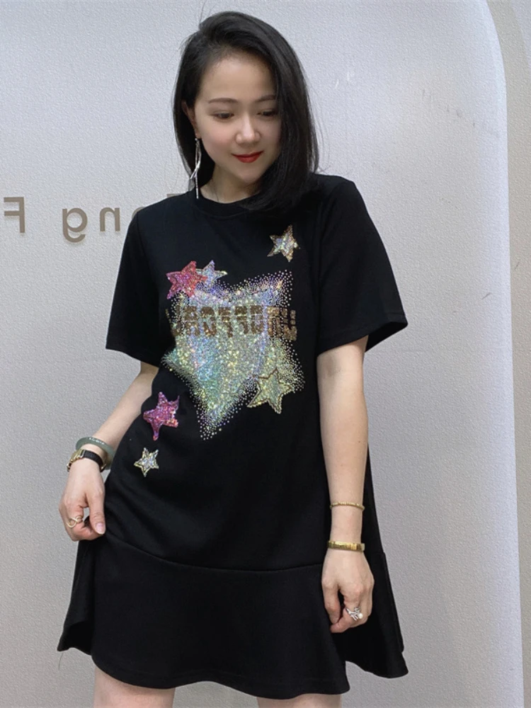 女性のためのファッショナブルな半袖Tシャツドレス,夏のミニドレス,クルーネック,黒,2023