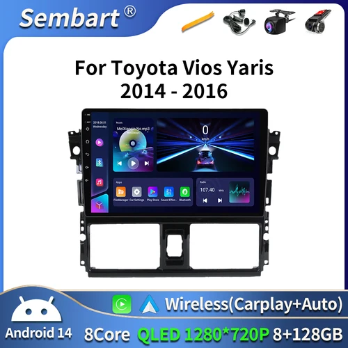 Android 16 Radio de coche para Toyota Yaris Vios 2014 2015 2016 unidad estéreo reproductor Multimedia navegación GPS BT Carplay Android Auto