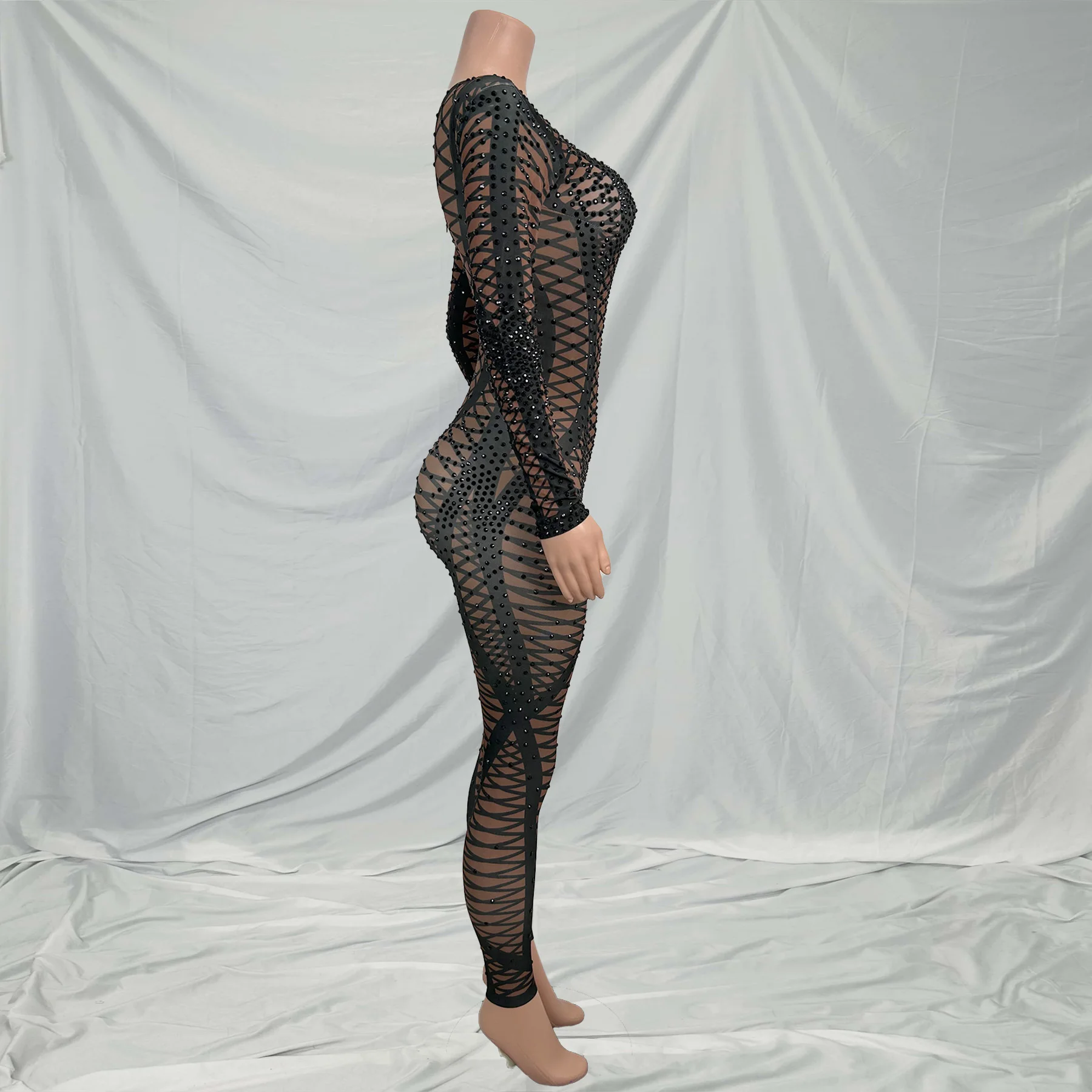 Sexy Long Sleeves Rhinestone Rompers Women Plus Size Night Club Party Bodycon Jumpsuits Dancer Show Stage Performance Bodysuit