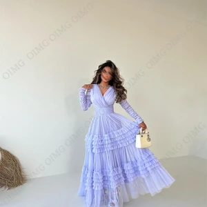 OIMG Purple Lavanda In Layer Tulle A Line Dresses of Full Sleeves Night Plisada Dress Ball Dresses Personalized Wedding Party Dresses 12 Main sales dress for graduation - №6